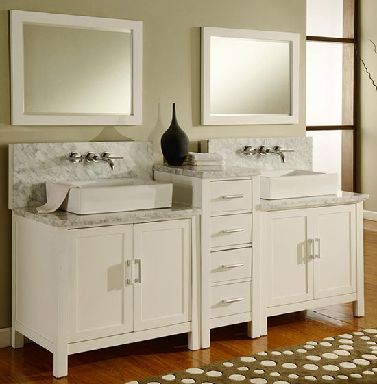 Pearl White Modern Bathroom Vanity Set, 72 Inch Double Vanity With Center Tower Cabinet