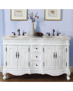 Rosaline (double) 58-Inch Traditional Carved Antique White Bathroom Vanity
