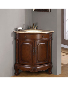 Cornerstone (single) 32-Inch Corner Mount Bathroom Vanity With Travertine Top & White Sink