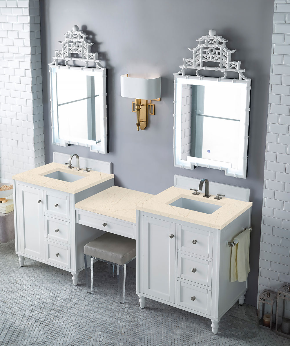 James Martin Copper Cove Encore (double) 86-Inch Bright White Makeup Style Vanity Cabinet with Eternal Marfil Quartz Top