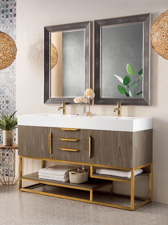 James Martin Columbia (double) 59-Inch Ash Gray [Radiant Gold] Bathroom Vanity Cabinet & Optional Countertop