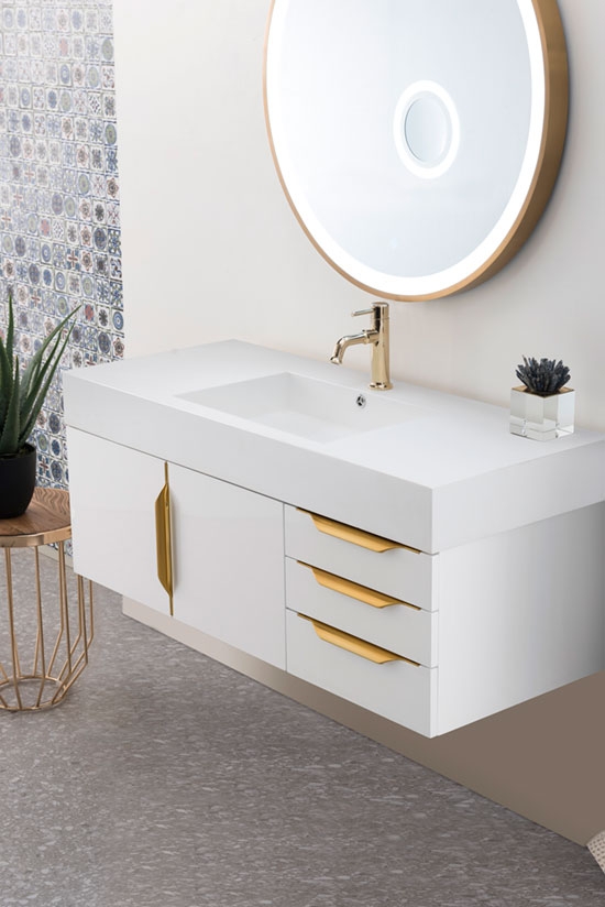 James Martin Mercer Island (single) 48-Inch Glossy White [Radiant Gold] Wall-Mount Bathroom Vanity Cabinet & Optional Countertop