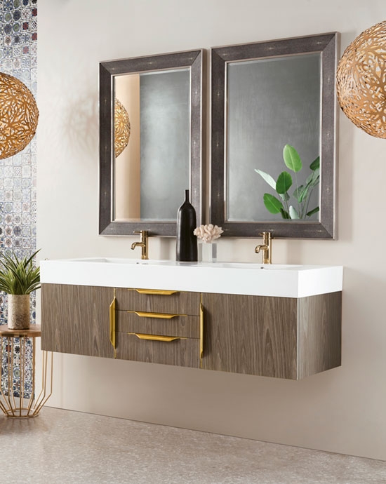 James Martin Mercer Island (double) 59-Inch Ash Gray [Radiant Gold] Wall-Mount Bathroom Vanity Cabinet & Optional Countertop