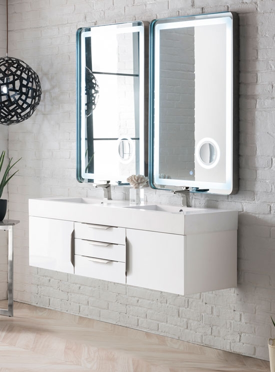 James Martin Mercer Island (double) 59-Inch Glossy White [Brushed Nickel] Wall-Mount Bathroom Vanity Cabinet & Optional Countertop