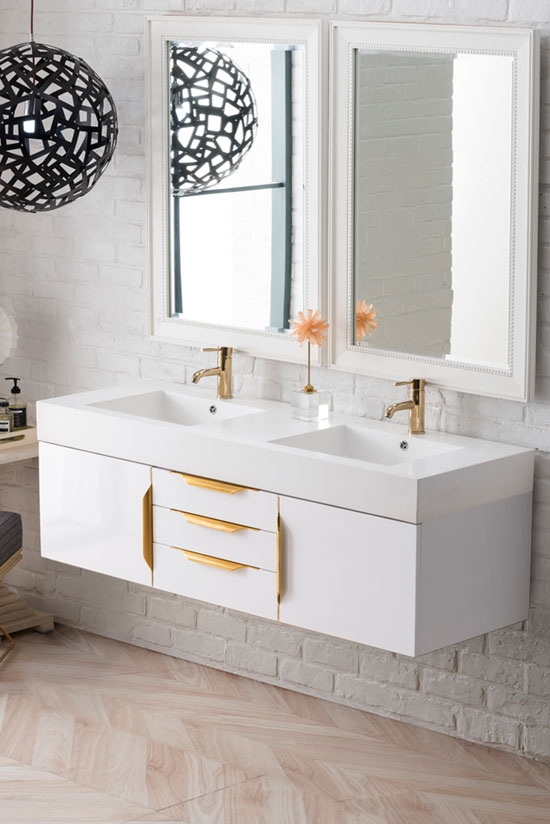 James Martin Mercer Island (double) 59-Inch Glossy White [Radiant Gold] Wall-Mount Bathroom Vanity Cabinet & Optional Countertop