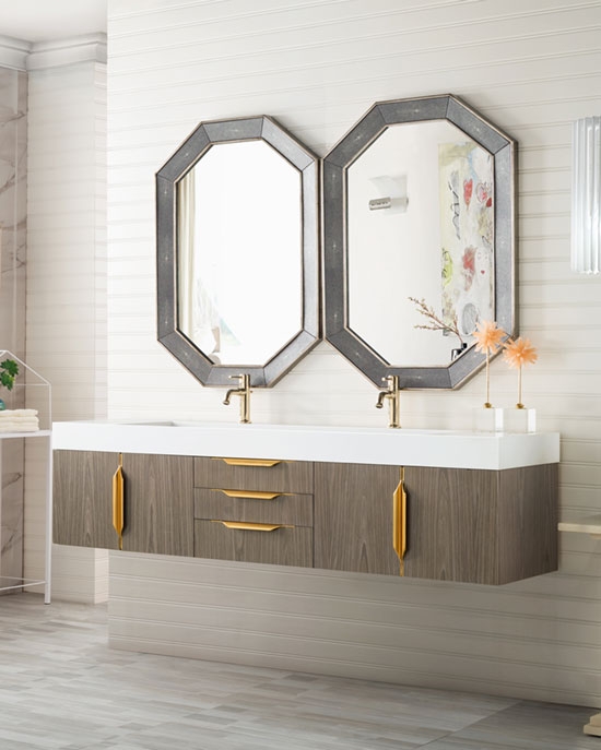 James Martin Mercer Island (double) 72.5-Inch Ash Gray [Radiant Gold] Wall-Mount Bathroom Vanity Cabinet & Optional Countertop