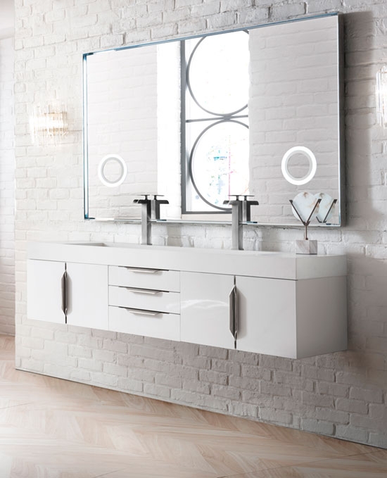James Martin Mercer Island (double) 72.5-Inch Glossy White [Brushed Nickel] Wall-Mount Bathroom Vanity Cabinet & Optional Countertop