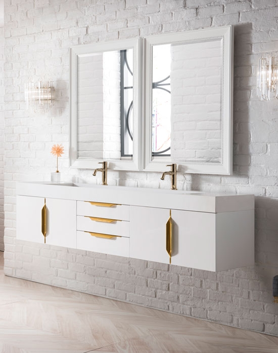 James Martin Mercer Island (double) 72.5-Inch Glossy White [Radiant Gold] Wall-Mount Bathroom Vanity Cabinet & Optional Countertop