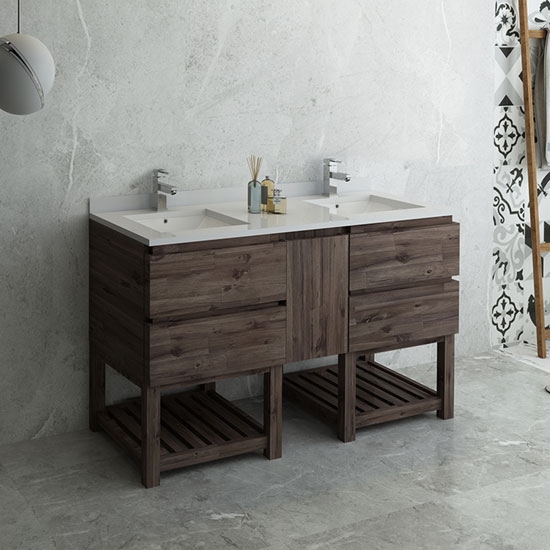 Fresca Formosa (double) 58-Inch Acacia Modern Modular Bathroom Vanity w/ Open Bottom [Model 2] - Cabinet Only