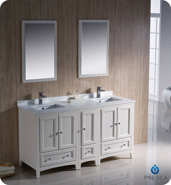 Fresca Oxford (double) 60-Inch Antique White Transitional Modular Bathroom Vanity Set