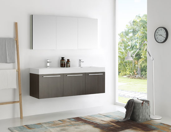 Fresca Vista (double) 59-Inch Gray Oak Modern Wall-Mount Bathroom Vanity Set
