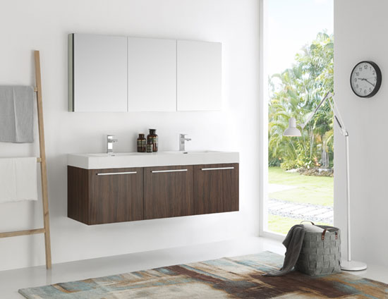 Fresca Vista (double) 59-Inch Walnut Modern Wall-Mount Bathroom Vanity Set