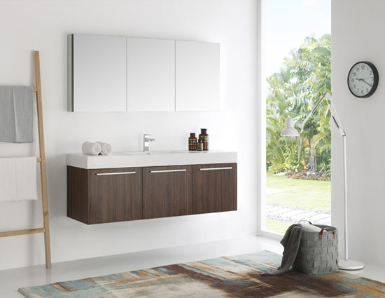 Fresca Vista (single) 59-Inch Walnut Modern Wall-Mount Bathroom Vanity Set