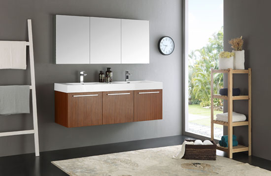 Fresca Vista (double) 59-Inch Teak Modern Wall-Mount Bathroom Vanity Set