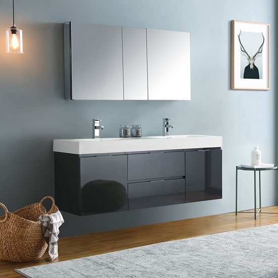 Fresca Valencia (double) 60-Inch Glossy Gray Modern Wall-Mount Bathroom Vanity Set