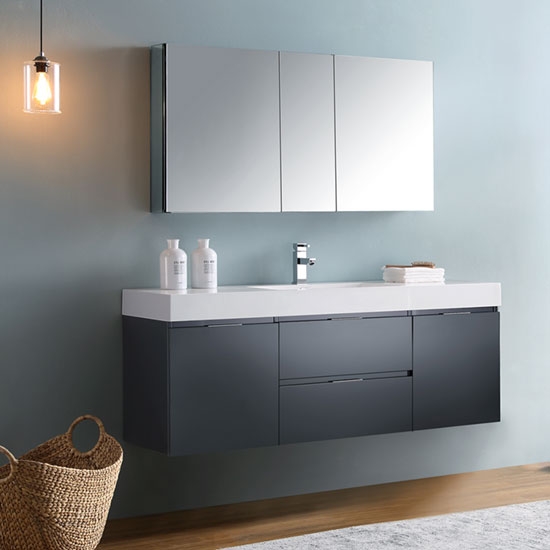 Fresca Valencia (single) 60-Inch Glossy Gray Modern Wall-Mount Bathroom Vanity Set