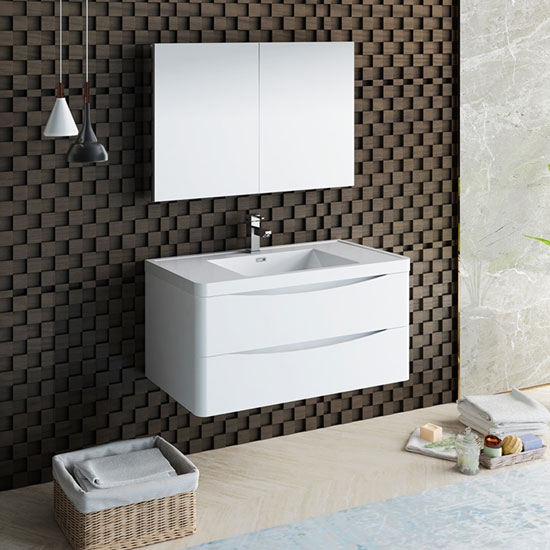 Fresca Tuscany (single) 39.5-Inch Glossy White Modern Wall-Mount Bathroom Vanity Set
