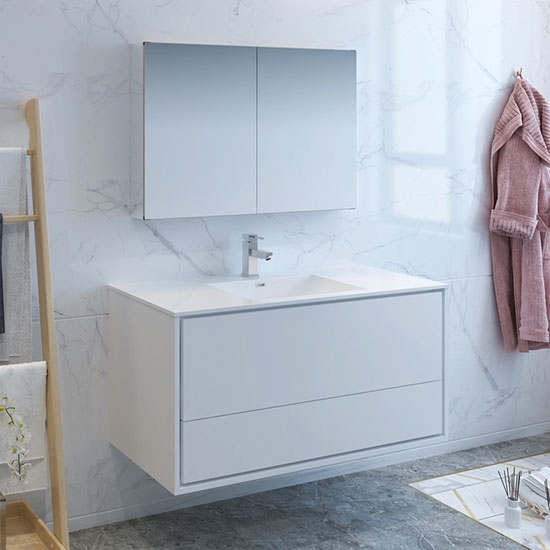 Fresca Catania (single) 47.3-Inch Glossy White Modern Wall-Mount Bathroom Vanity Set