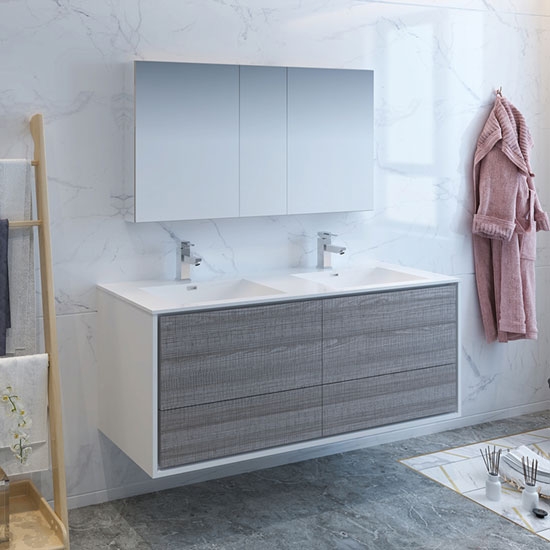 Fresca Catania (double) 59.3-Inch Glossy Ash Gray Modern Wall-Mount Bathroom Vanity Set