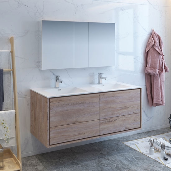 Fresca Catania (double) 59.3-Inch Rustic Natural Wood Modern Wall-Mount Bathroom Vanity Set