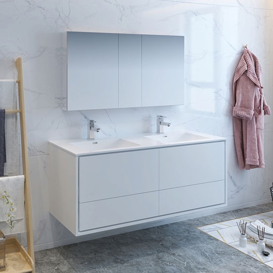 Fresca Catania (double) 59.3-Inch Glossy White Modern Wall-Mount Bathroom Vanity Set