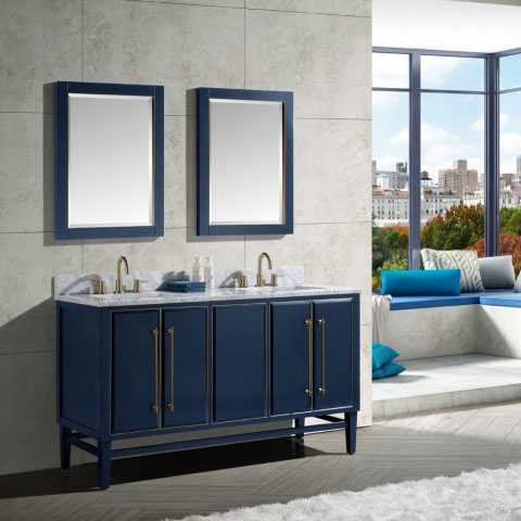 Avanity Mason (double) 61-Inch Navy Blue Vanity Cabinet & Optional Countertops - Gold Trim